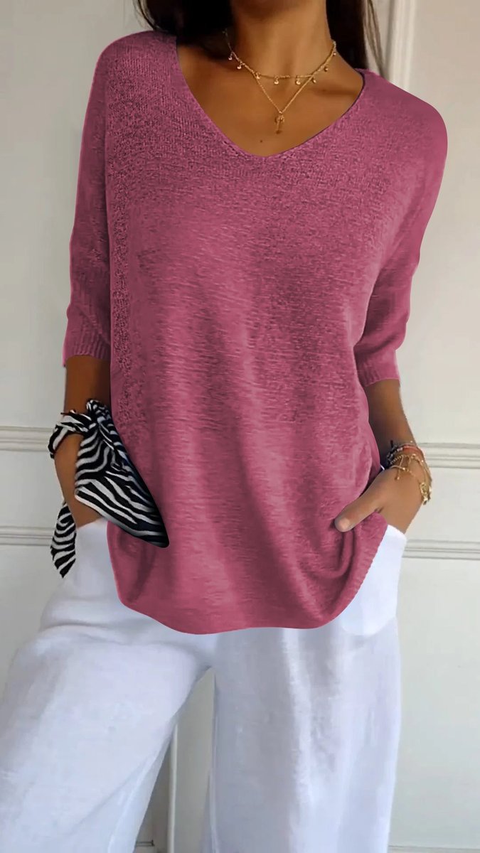 Dames Gebreide V-hals Top Halflange Mouw Relaxed Fit - Roze