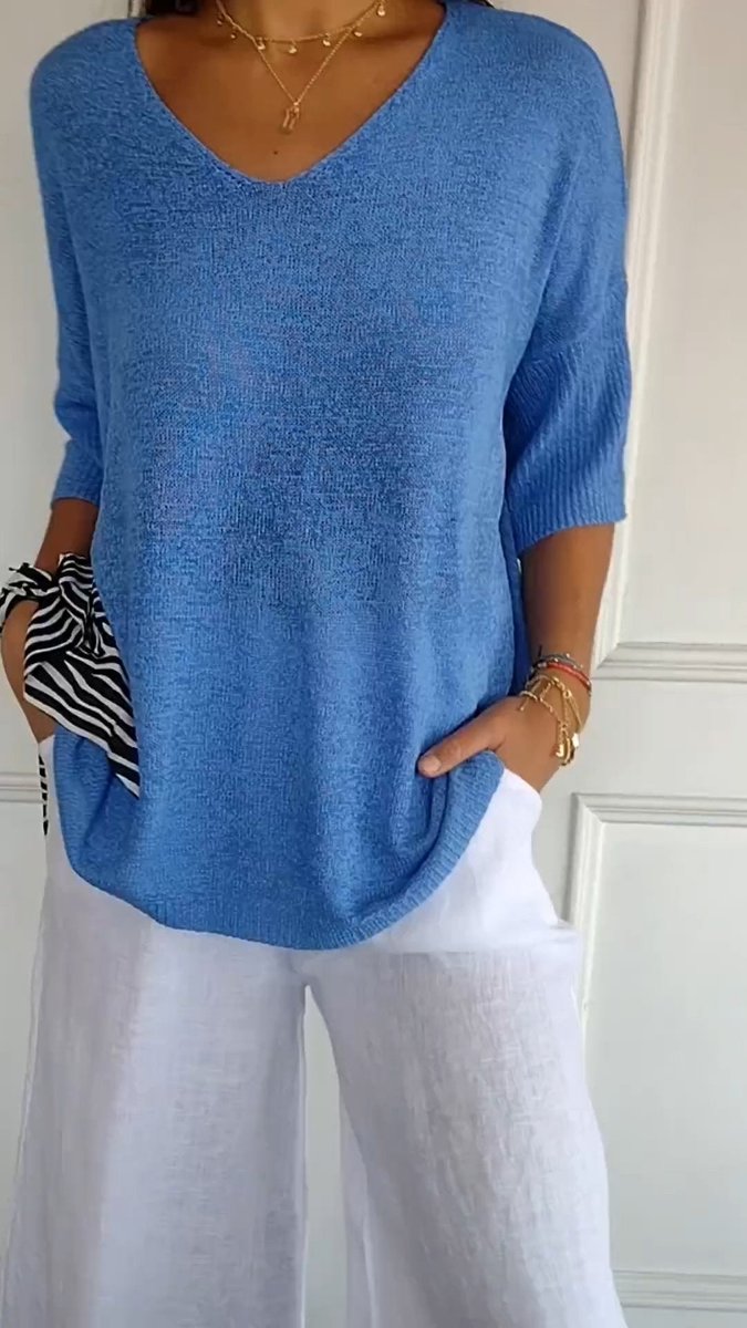 Dames Gebreide V-hals Top Halflange Mouw Relaxed Fit - Blauw