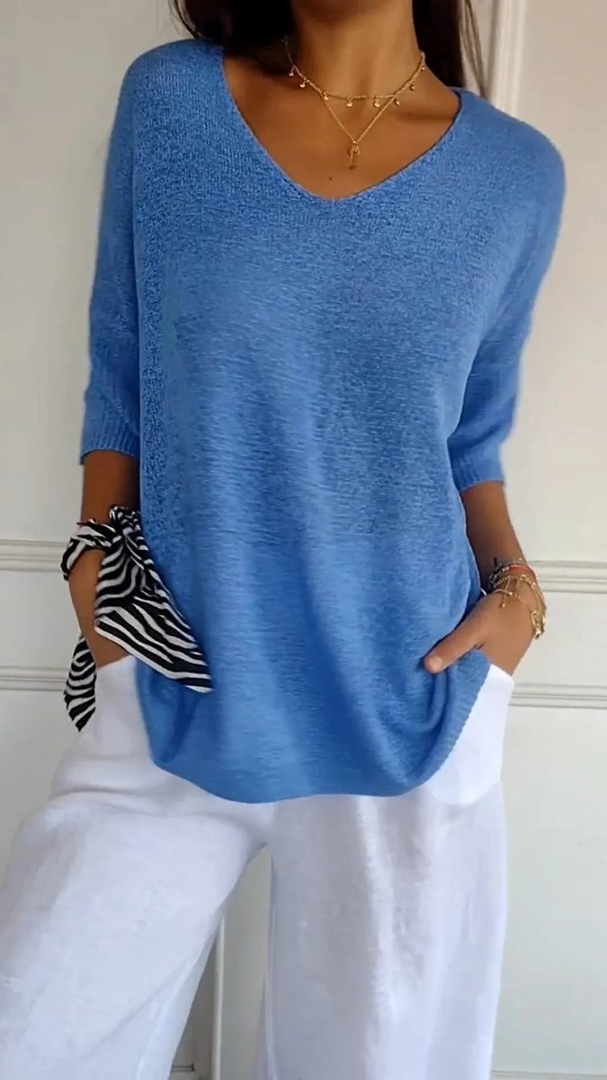 Dames Gebreide V-hals Top Halflange Mouw Relaxed Fit