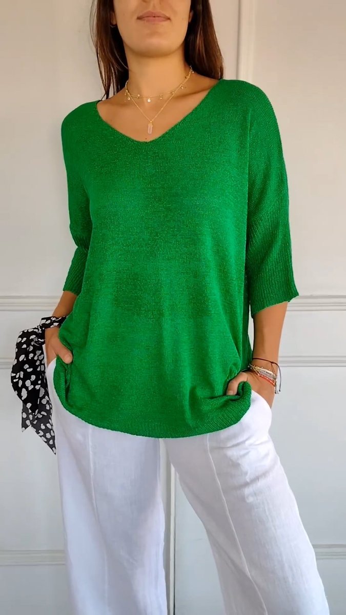 Dames Gebreide V-hals Top Halflange Mouw Relaxed Fit - Groen