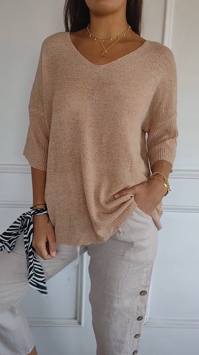 Dames Gebreide V-hals Top Halflange Mouw Relaxed Fit - Abrikoos