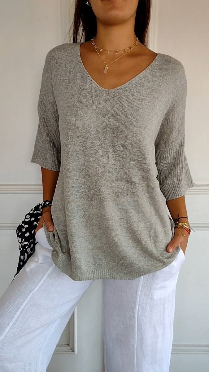 Dames Gebreide V-hals Top Halflange Mouw Relaxed Fit - Grijs