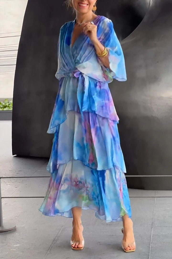 Dames Gelaagde Chiffon Bloemenprint Maxi Jurk - Blue