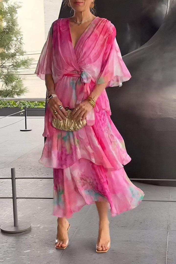 Dames Gelaagde Chiffon Bloemenprint Maxi Jurk - Pink