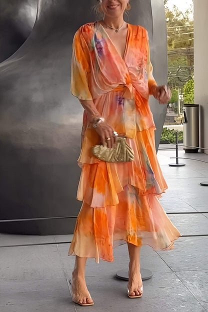 Dames Gelaagde Chiffon Bloemenprint Maxi Jurk - Orange