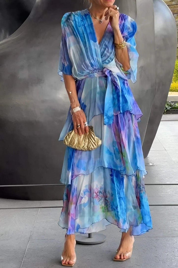 Dames Gelaagde Chiffon Bloemenprint Maxi Jurk