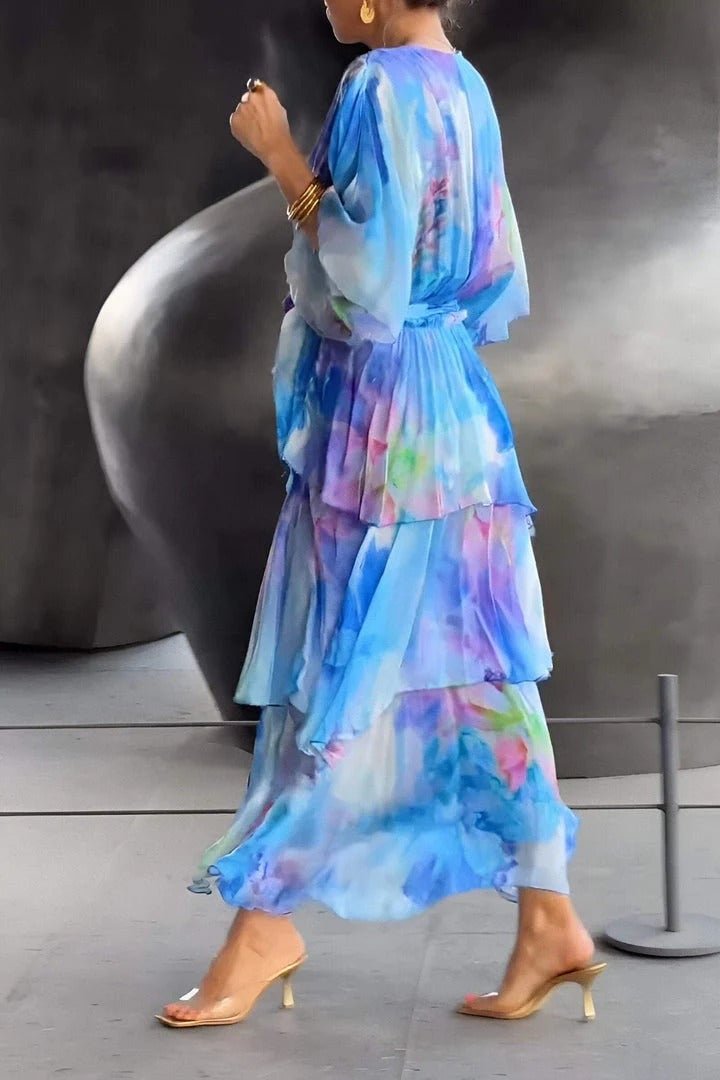 Dames Gelaagde Chiffon Bloemenprint Maxi Jurk