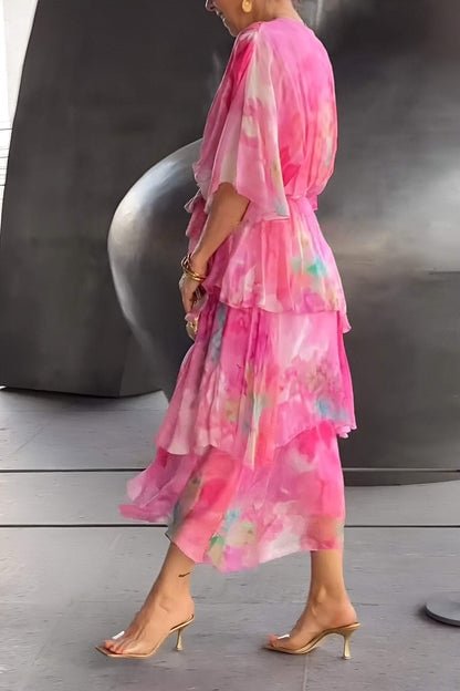 Dames Gelaagde Chiffon Bloemenprint Maxi Jurk