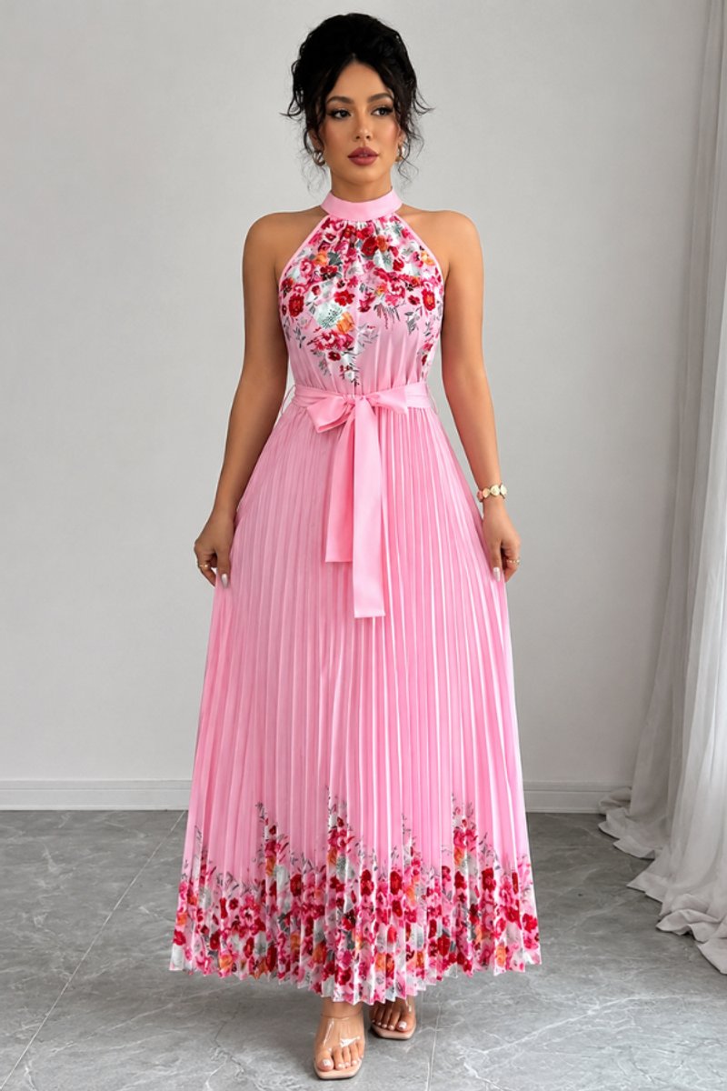 Dames Geplooid Bloemenprint Halter Evening Gown Midi - Roze