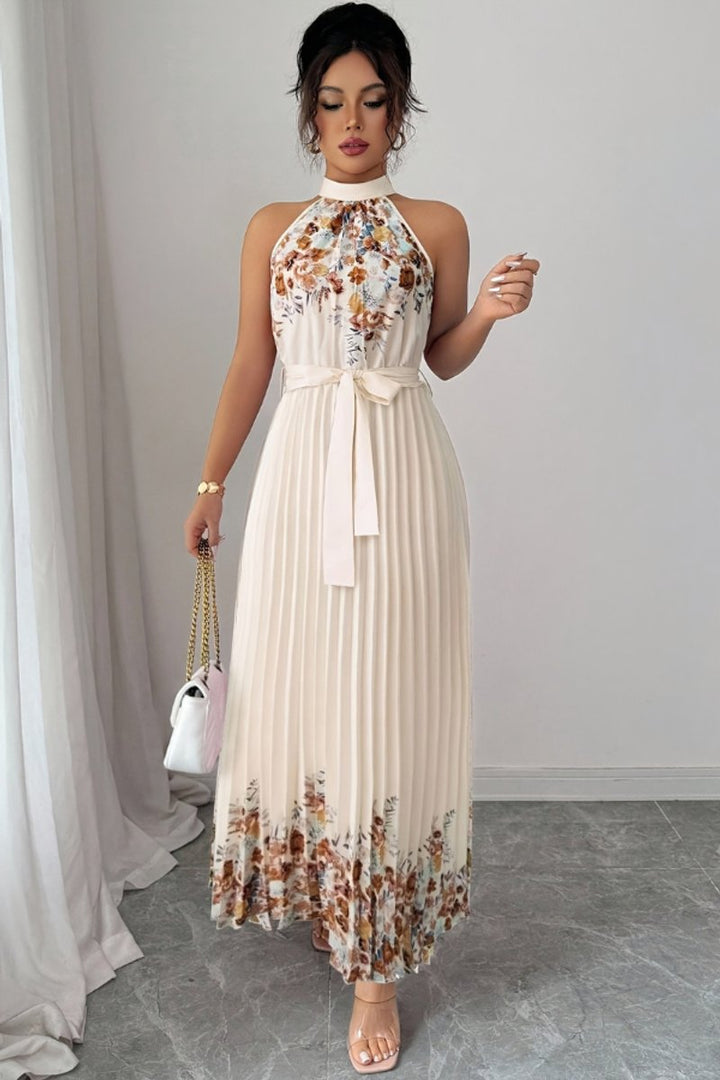 Dames Geplooid Bloemenprint Halter Evening Gown Midi - Abrikoos