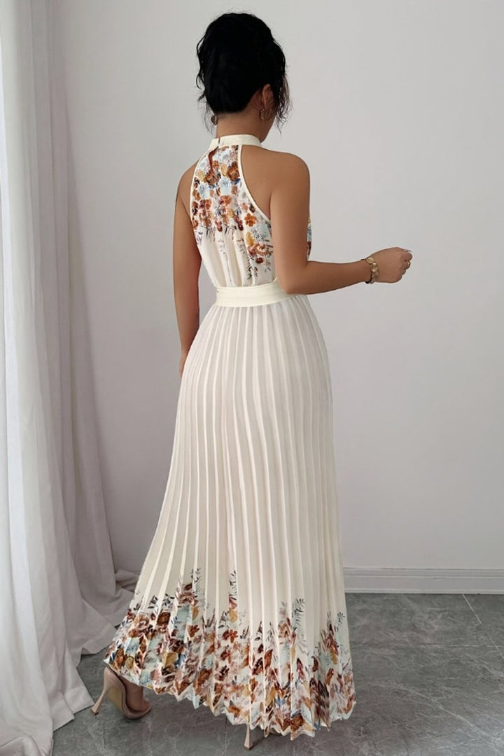 Dames Geplooid Bloemenprint Halter Evening Gown Midi