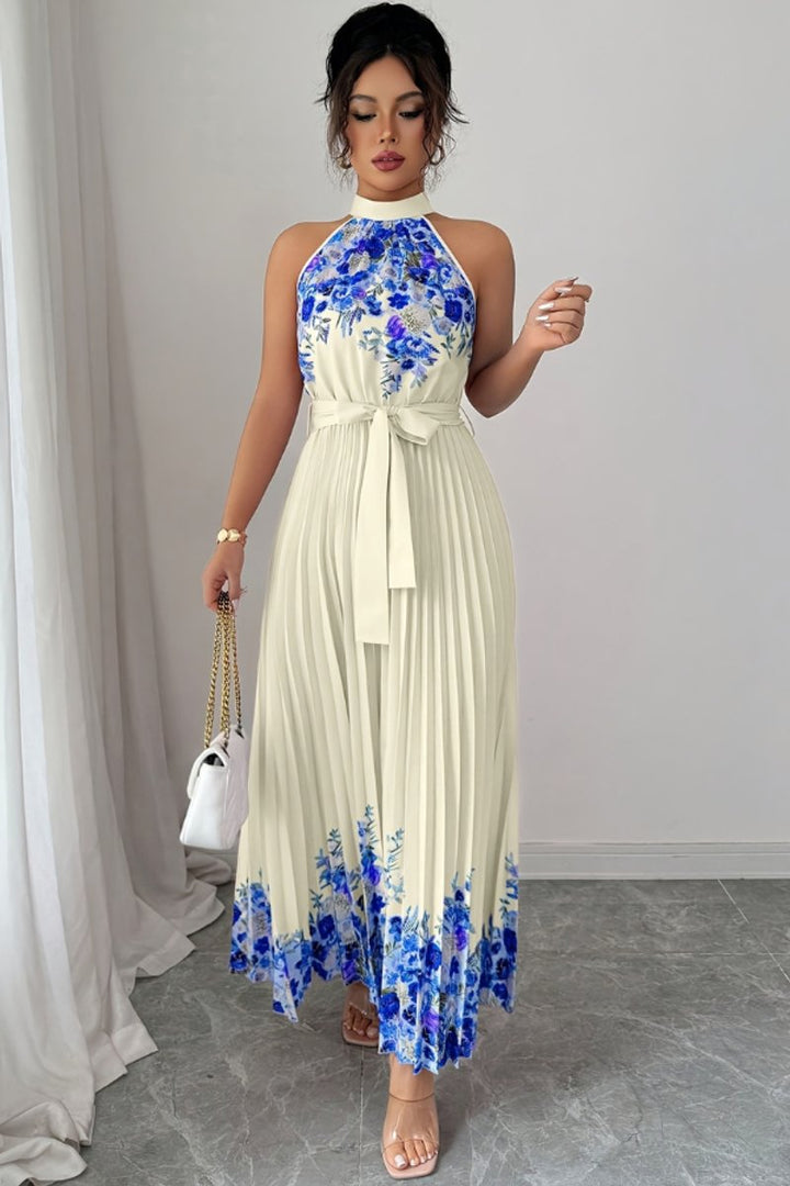 Dames Geplooid Bloemenprint Halter Evening Gown Midi - Blauwe Bloemenprint