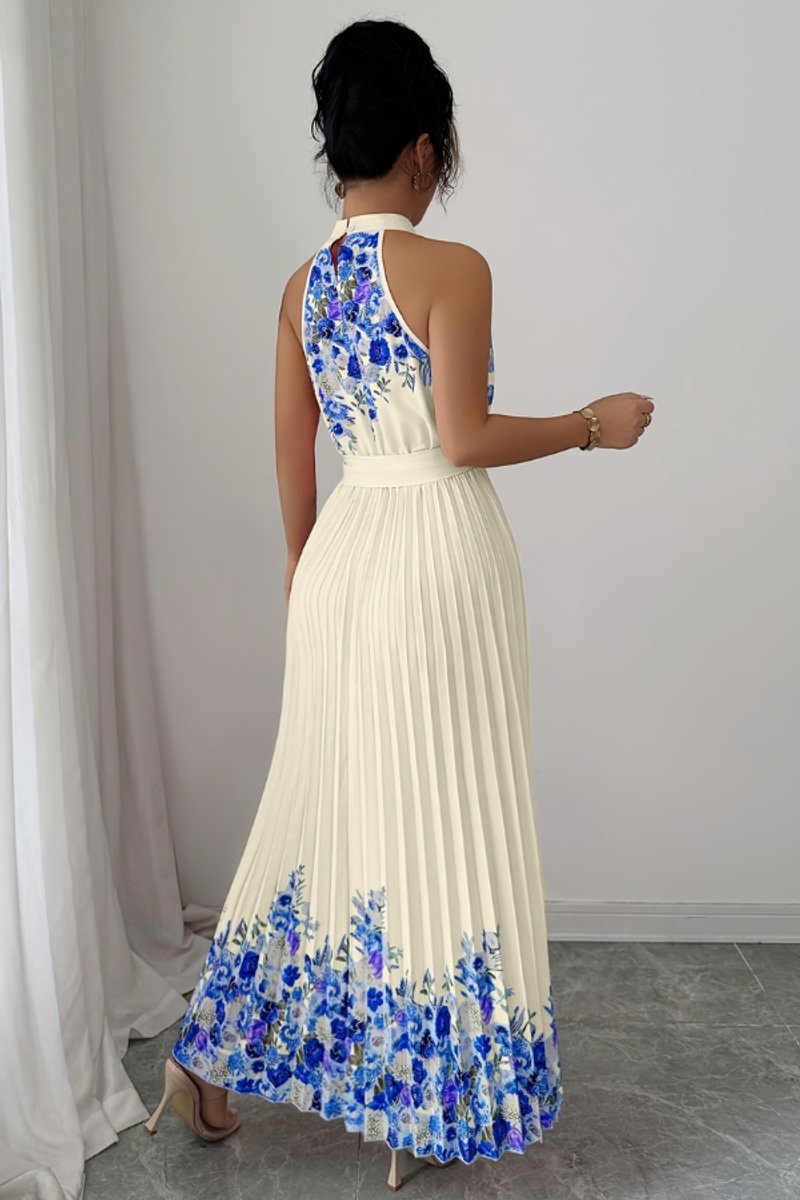 Dames Geplooid Bloemenprint Halter Evening Gown Midi