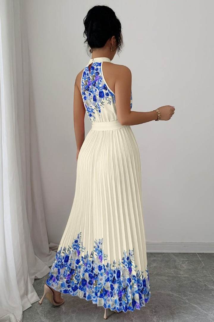 Dames Geplooid Bloemenprint Halter Evening Gown Midi