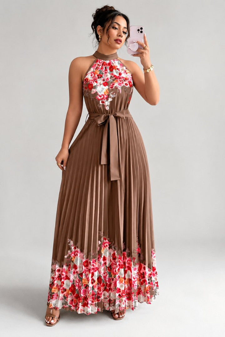 Dames Geplooid Bloemenprint Halter Evening Gown Midi - Koffiebruin
