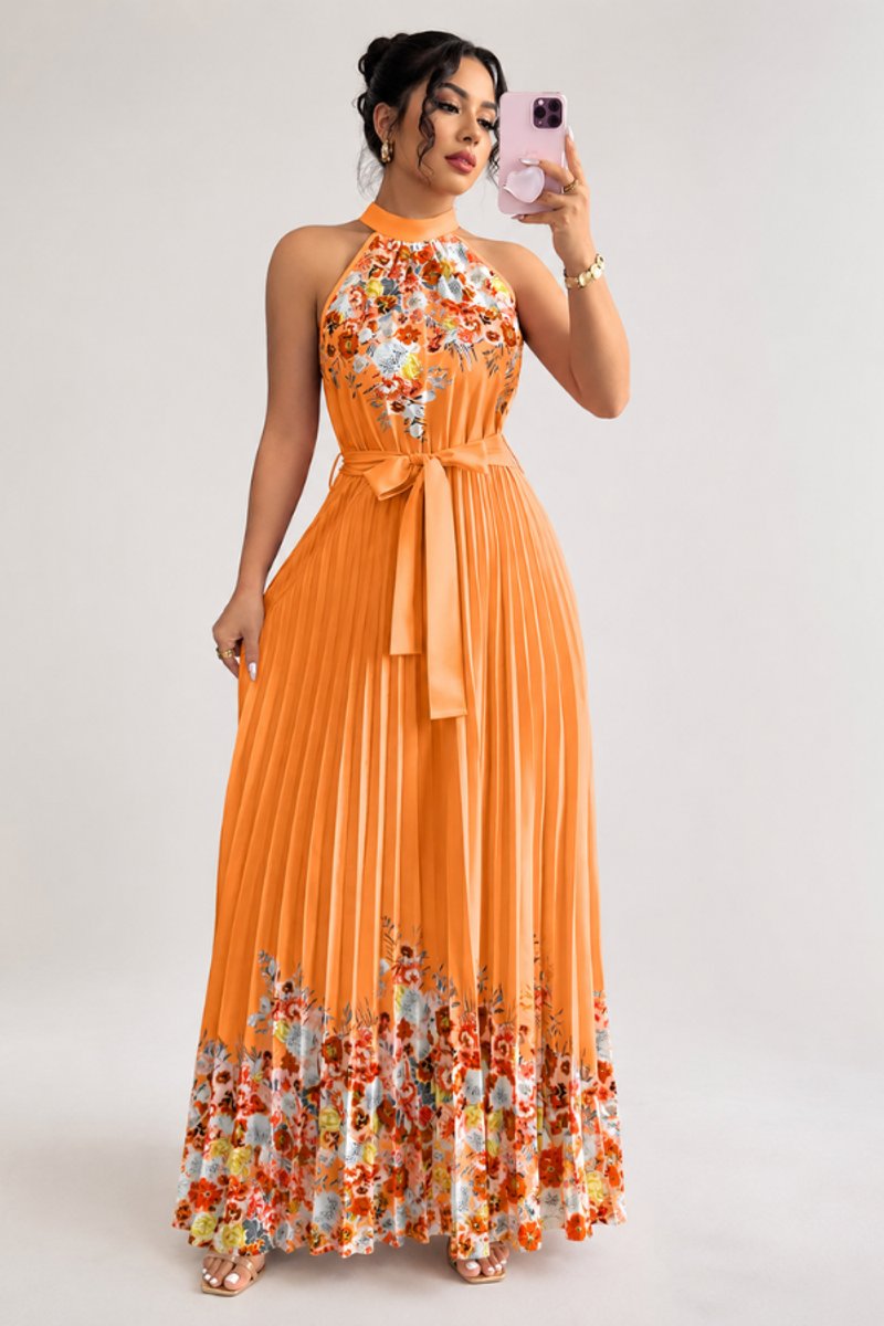 Dames Geplooid Bloemenprint Halter Evening Gown Midi - Oranje