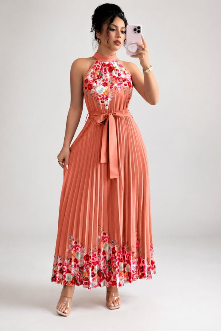 Dames Geplooid Bloemenprint Halter Evening Gown Midi - Watermeloenrood