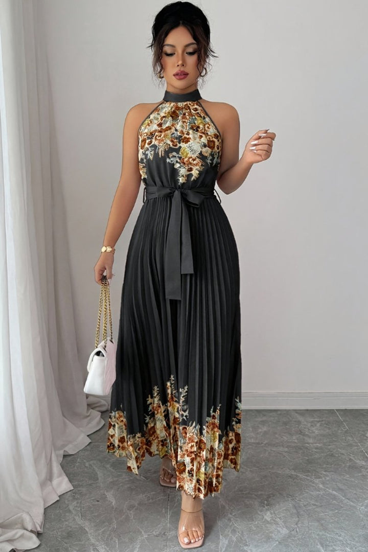 Dames Geplooid Bloemenprint Halter Evening Gown Midi - Zwarte onderkant koffiebloem