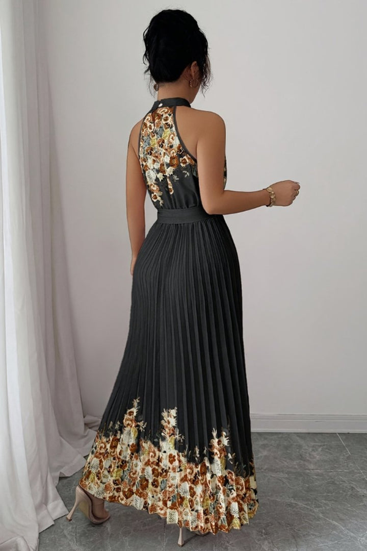 Dames Geplooid Bloemenprint Halter Evening Gown Midi