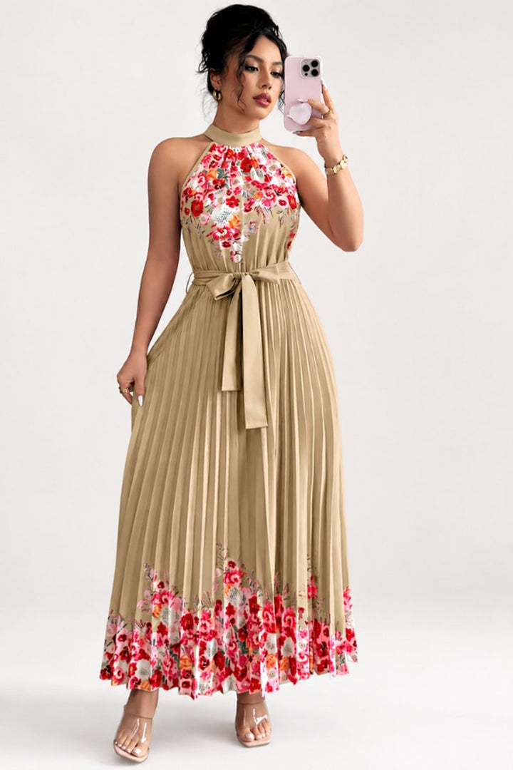 Dames Geplooid Bloemenprint Halter Evening Gown Midi - Khaki