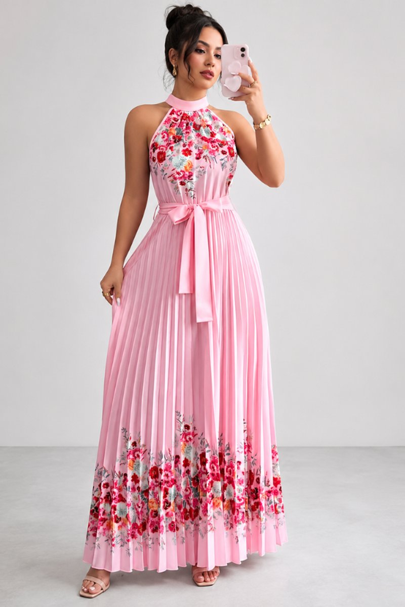 Dames Geplooid Bloemenprint Halter Evening Gown Midi