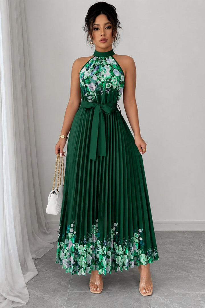 Dames Geplooid Bloemenprint Halter Evening Gown Midi - Donkergroen
