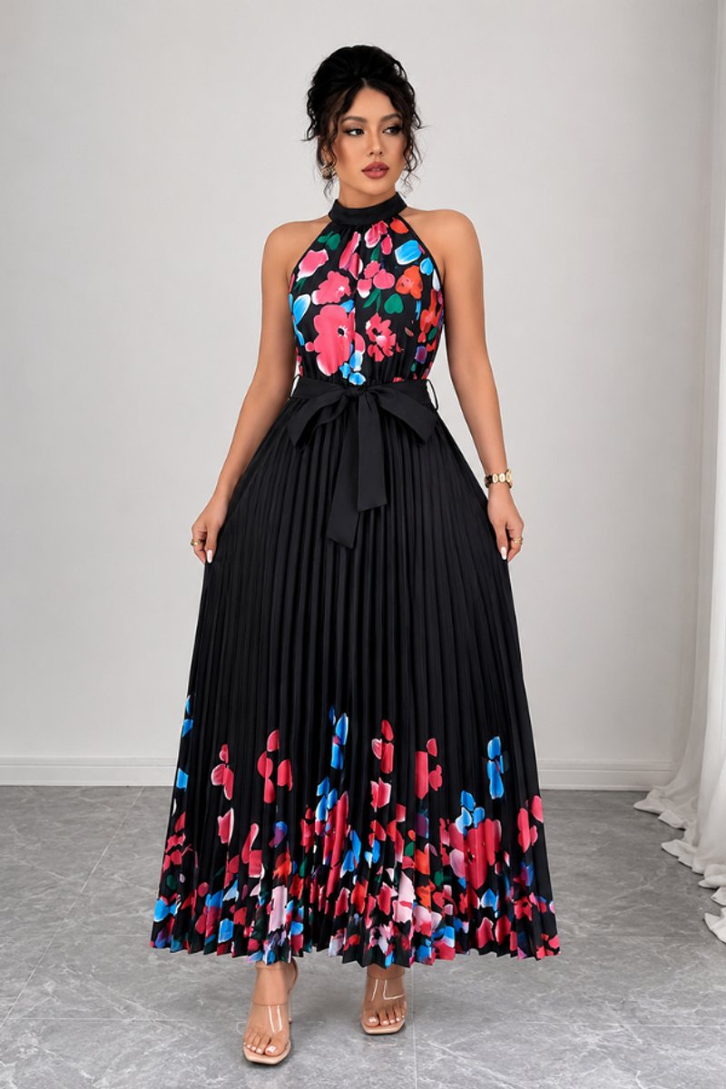 Dames Geplooid Bloemenprint Halter Evening Gown Midi - Zwart
