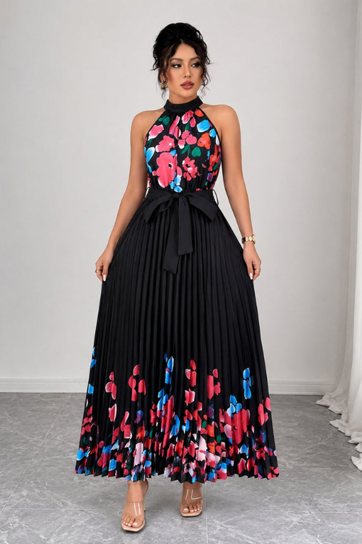 Dames Geplooid Bloemenprint Halter Evening Gown Midi - Zwart