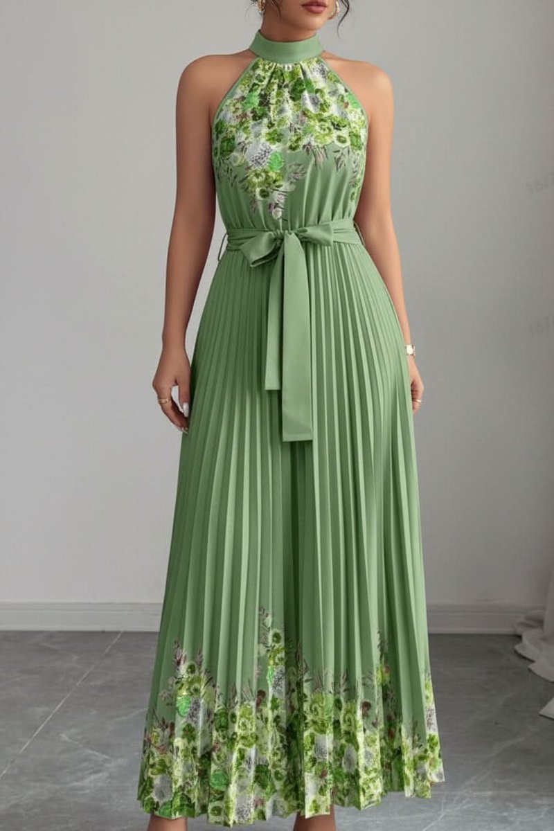 Dames Geplooid Bloemenprint Halter Evening Gown Midi - Legergroene onderkant gele bloem