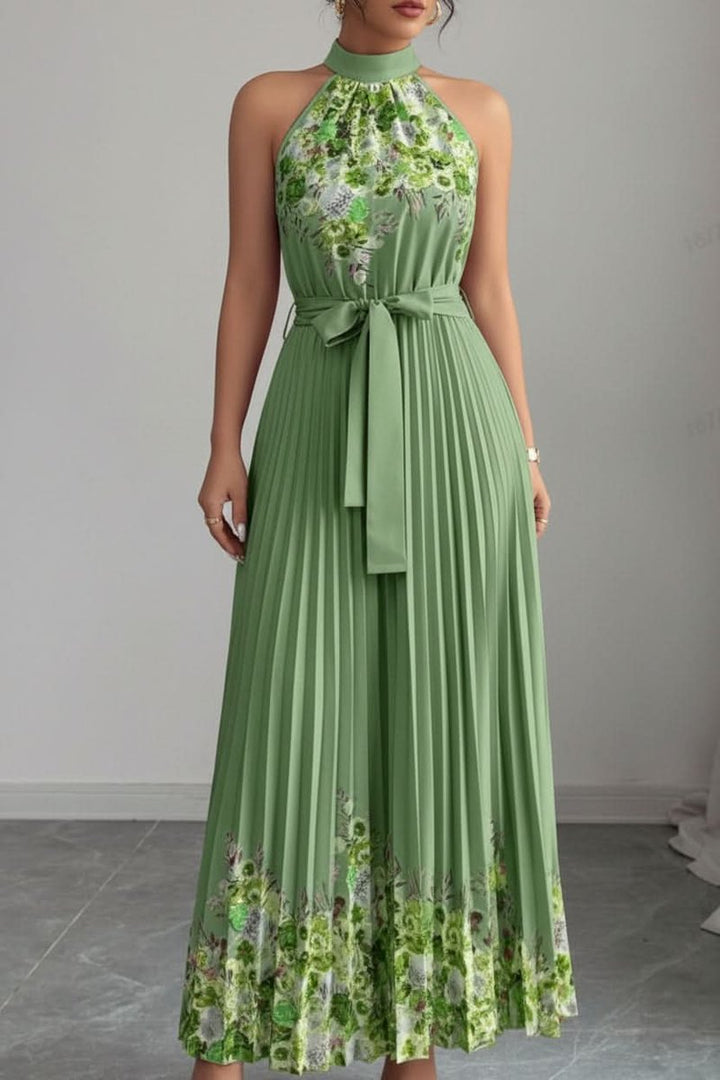 Dames Geplooid Bloemenprint Halter Evening Gown Midi - Legergroene onderkant gele bloem