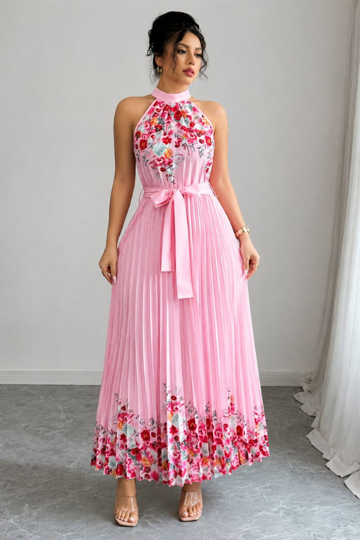 Dames Geplooid Bloemenprint Halter Evening Gown Midi