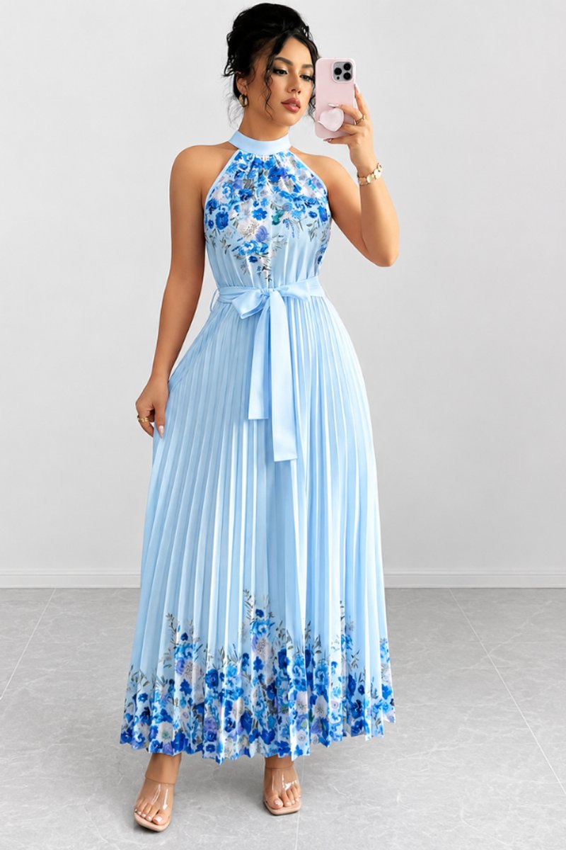 Dames Geplooid Bloemenprint Halter Evening Gown Midi - Blauw