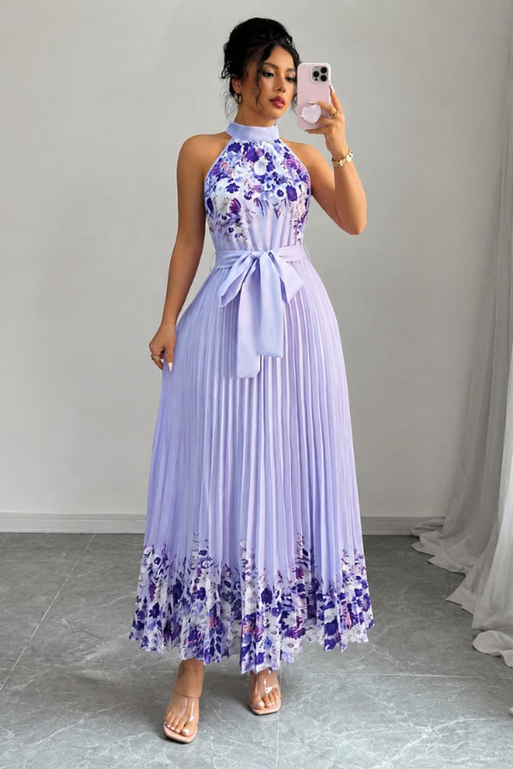 Dames Geplooid Bloemenprint Halter Evening Gown Midi - Paars