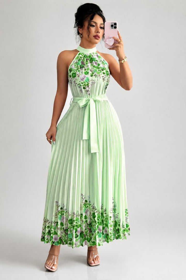 Dames Geplooid Bloemenprint Halter Evening Gown Midi - Groen