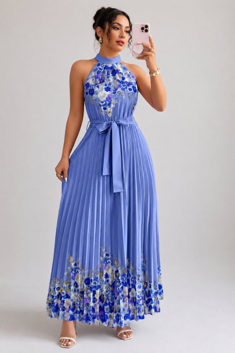 Dames Geplooid Bloemenprint Halter Evening Gown Midi - Donkerblauw
