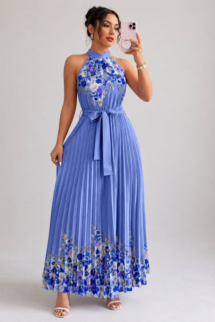 Dames Geplooid Bloemenprint Halter Evening Gown Midi - Donkerblauw