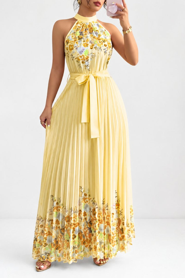 Dames Geplooid Bloemenprint Halter Evening Gown Midi - Geel