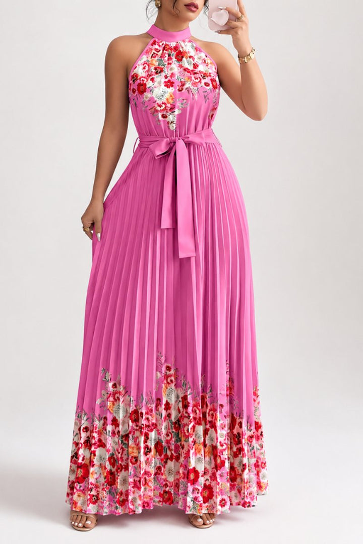 Dames Geplooid Bloemenprint Halter Evening Gown Midi - Rozerood