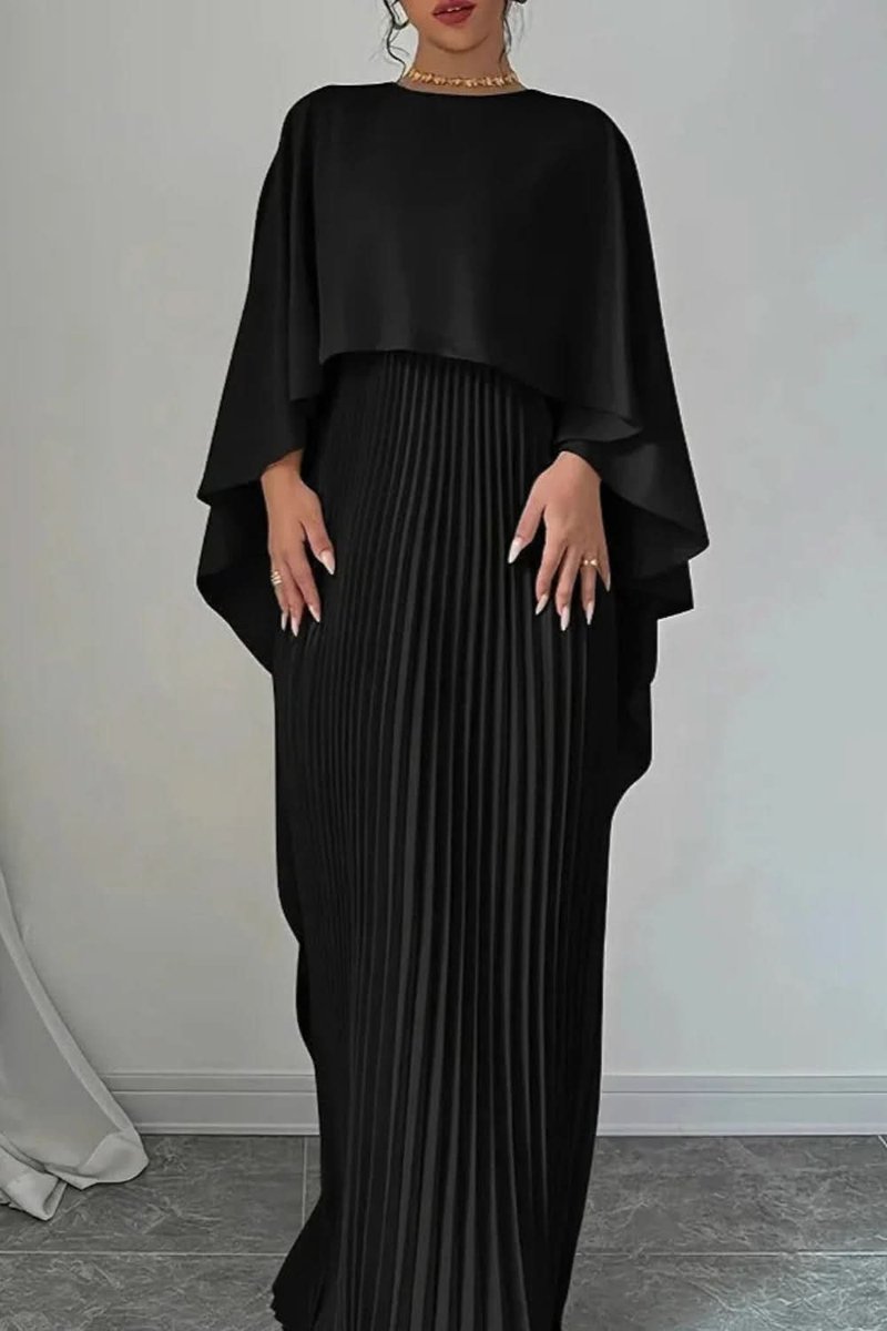 Dames Geplooide Cape Maxi Avondjurk Formele Gelegenheid - Zwart