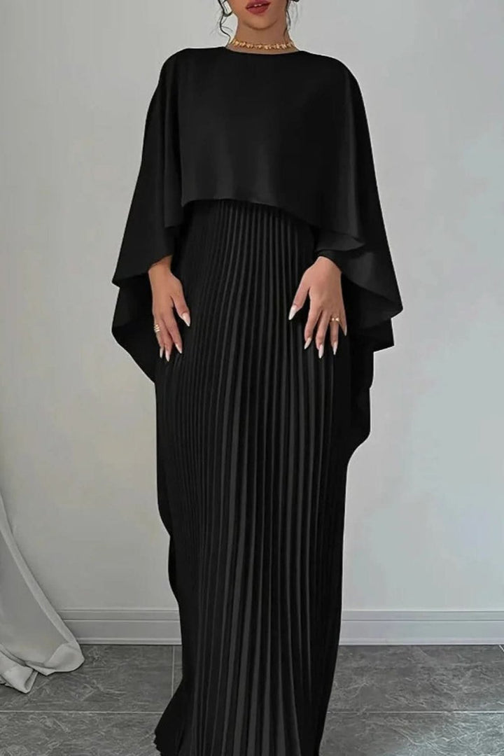Dames Geplooide Cape Maxi Avondjurk Formele Gelegenheid - Zwart