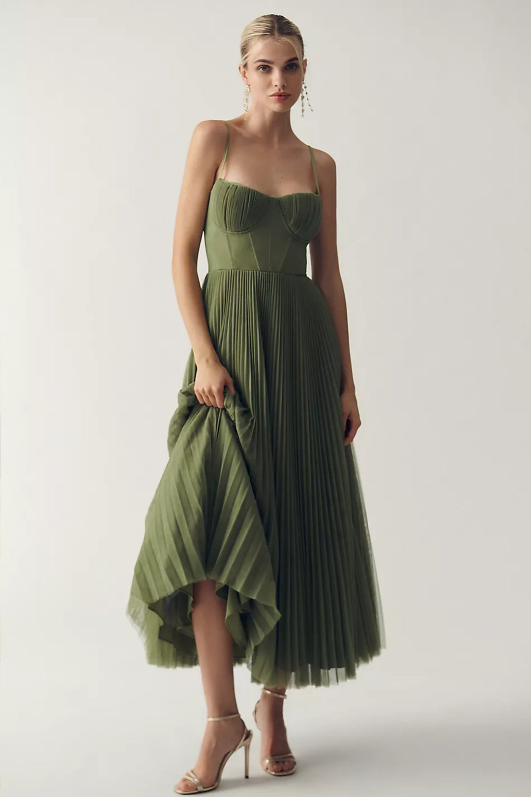 Dames Geplooide Slip Midi Jurk met Korsetlook - Green