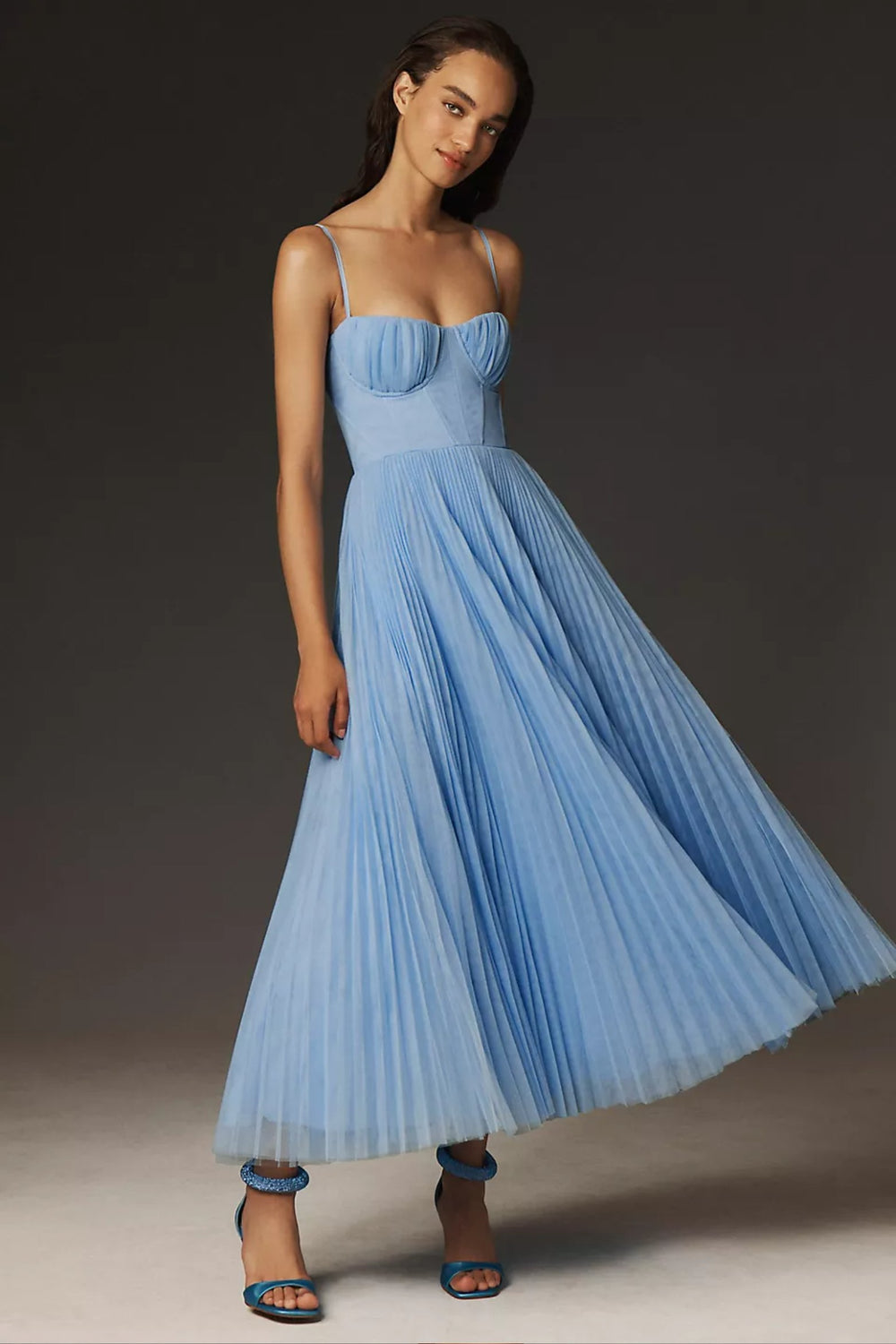 Dames Geplooide Slip Midi Jurk met Korsetlook - Blue