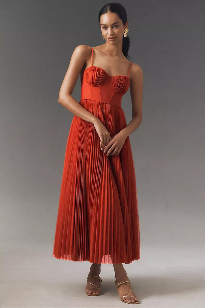 Dames Geplooide Slip Midi Jurk met Korsetlook - Orange