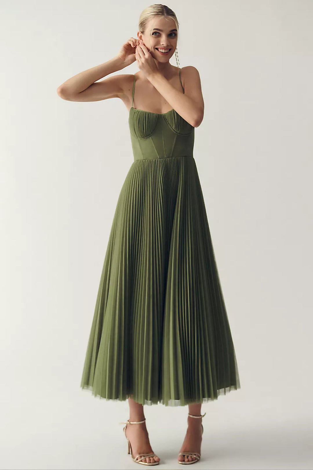 Dames Geplooide Slip Midi Jurk met Korsetlook
