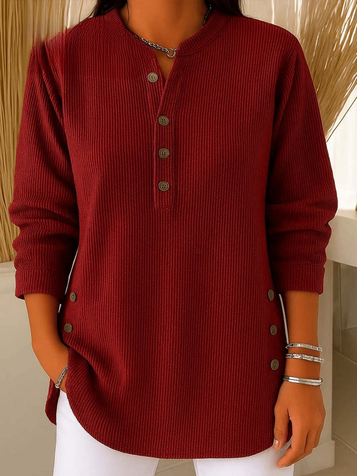 Dames Geribbelde Longline Tunic Henley Knoop Detail - Bordeauxrood