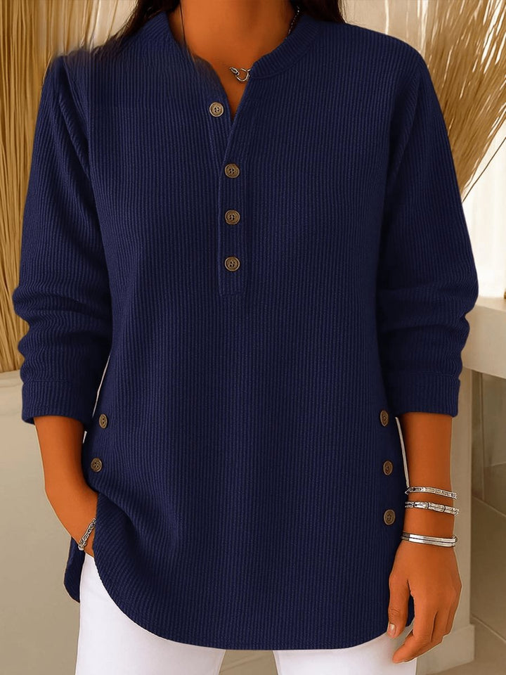 Dames Geribbelde Longline Tunic Henley Knoop Detail - Marineblauw