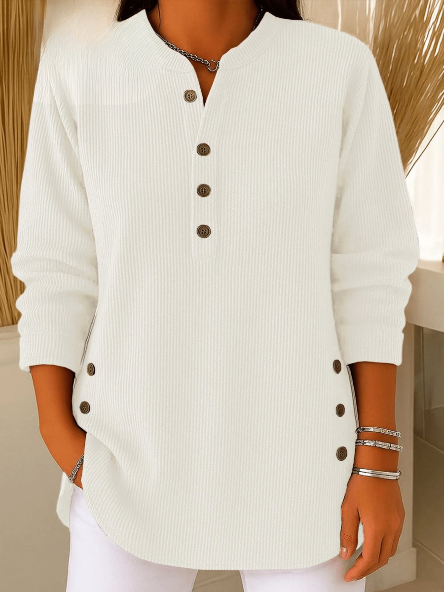 Dames Geribbelde Longline Tunic Henley Knoop Detail - Wit