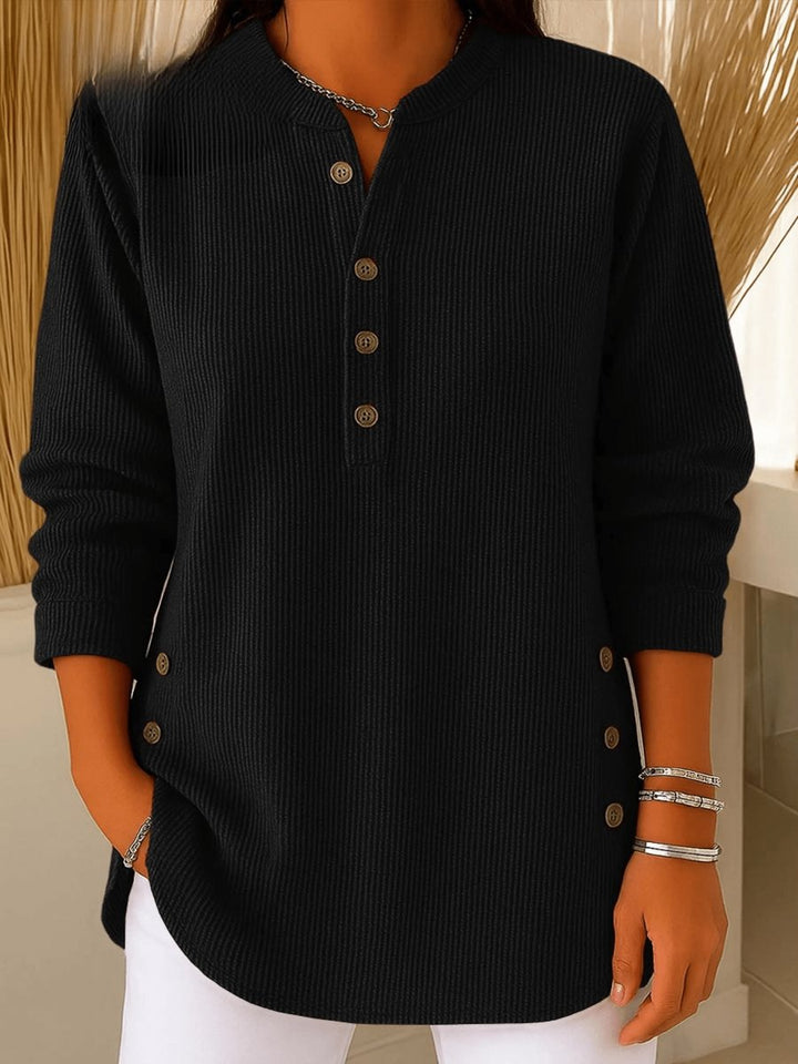 Dames Geribbelde Longline Tunic Henley Knoop Detail - Zwart