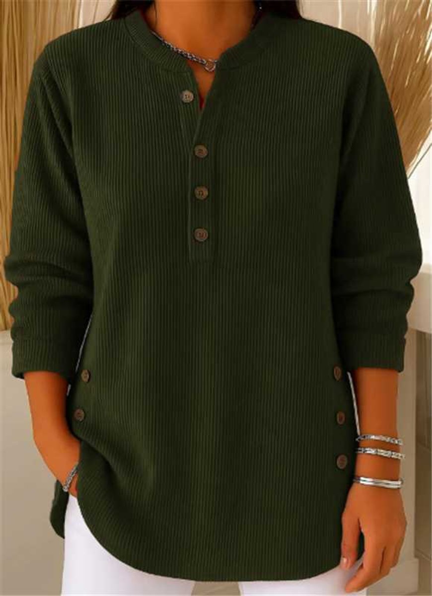 Dames Geribbelde Longline Tunic Henley Knoop Detail - Donkergroen