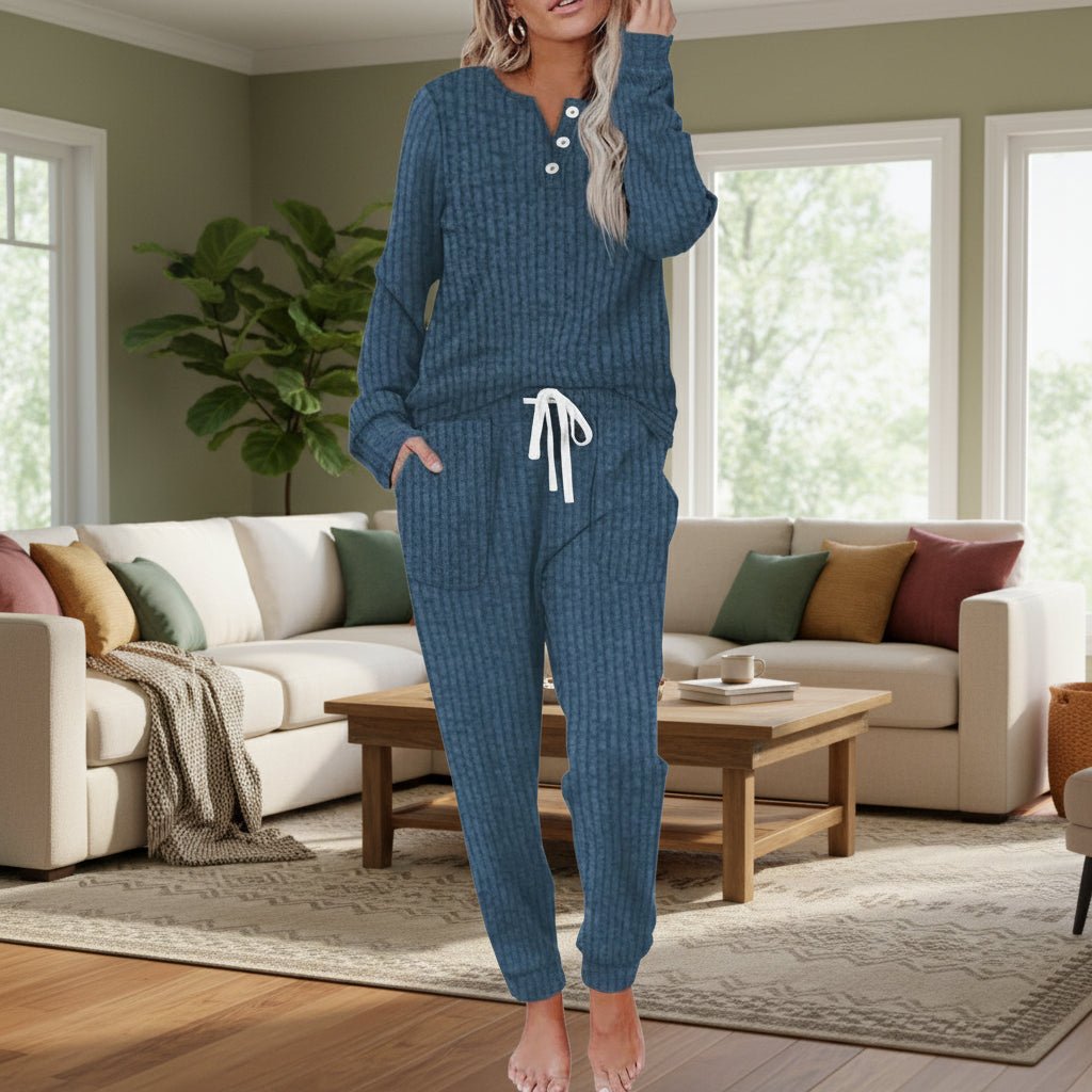 Dames Geribde Relaxed-Fit Loungewear Tweedelige Set Trekkoord - Navy Blue
